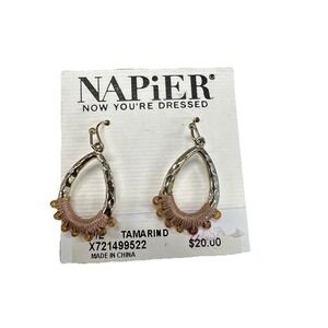Napier Vintage Gold Tone Dangle Hoop Earrings Rope Bead Detail E2-3